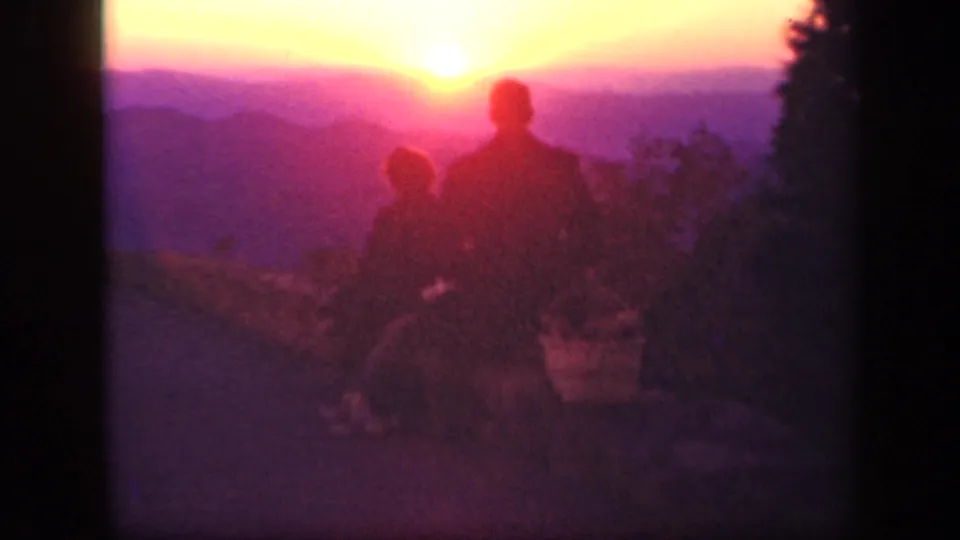 A silhouetted couple is framed beside dark roadside vegetation during a 1943 Skyline Drive sunset.