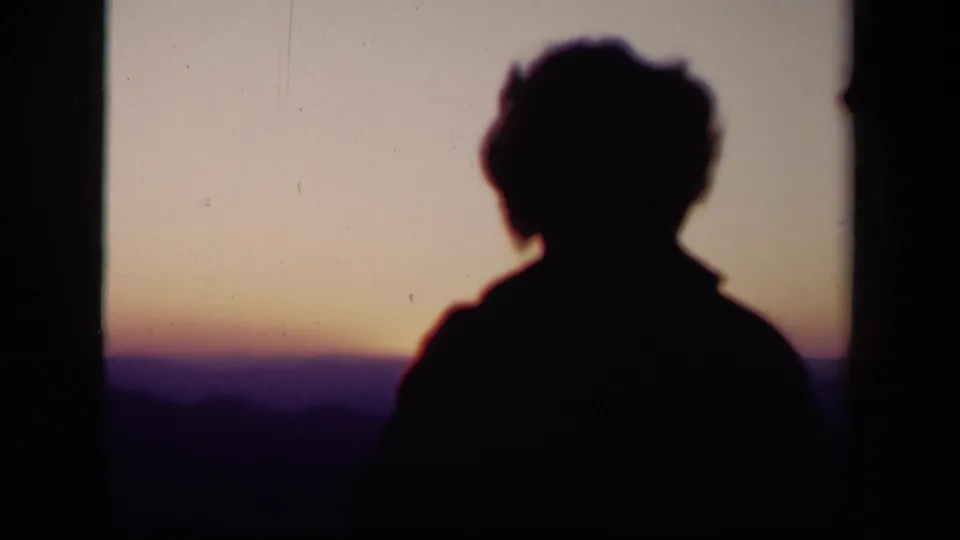 A closer silhouetted view of one adult appears against the Skyline Drive sunset, with distant ridges visible below the horizon.