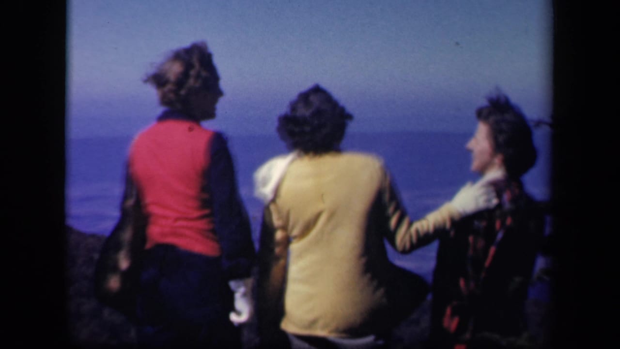 Three women stand with their backs partly turned at a scenic overlook.