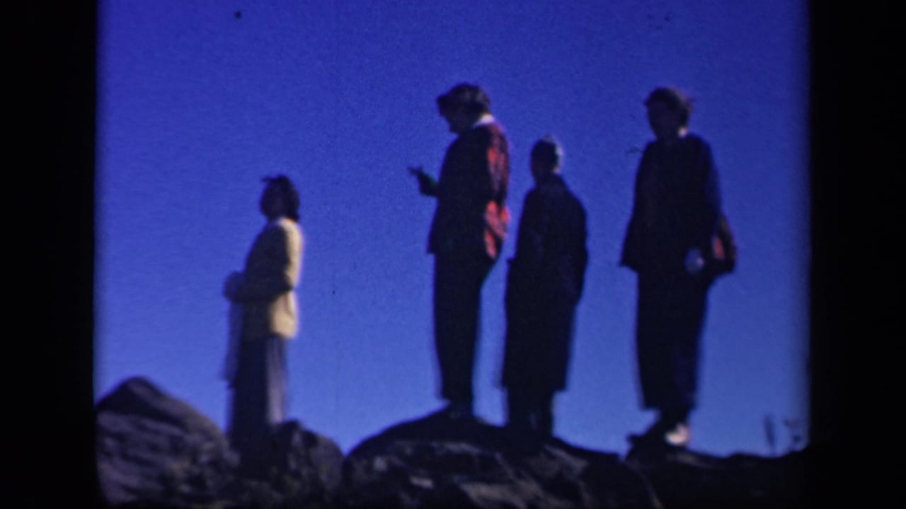 Four adults stand on rocky ground in strong backlight, silhouetted against the blue sky at the Virginia overlook.