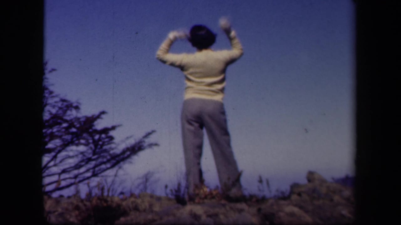 The woman raises both arms on the rocky Skyline Drive overlook, framed by sky, shrubs, and 8mm gate edges.