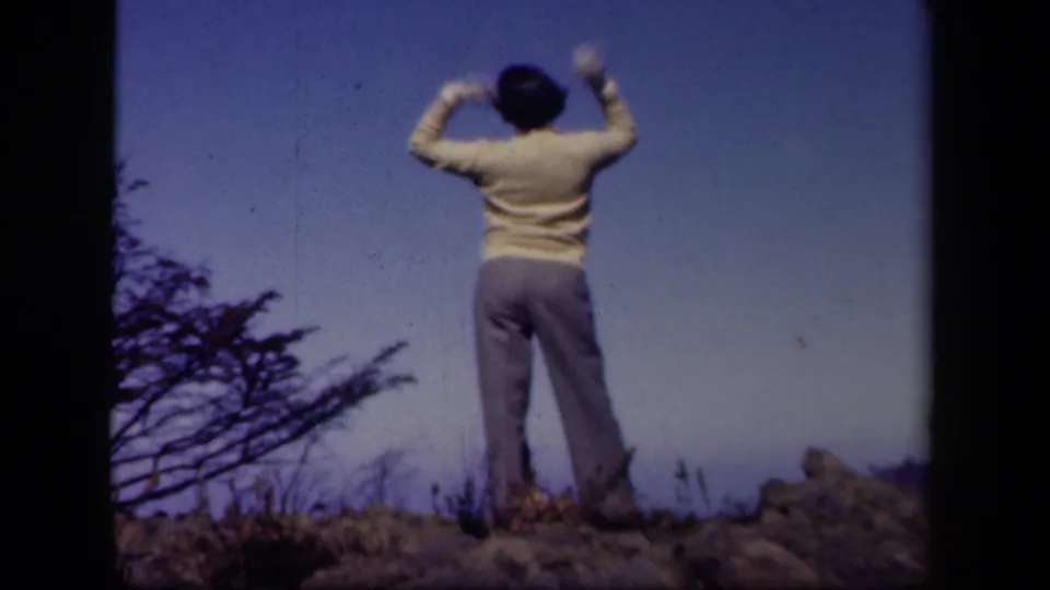 The woman raises both arms on the rocky Skyline Drive overlook, framed by sky, shrubs, and 8mm gate edges.