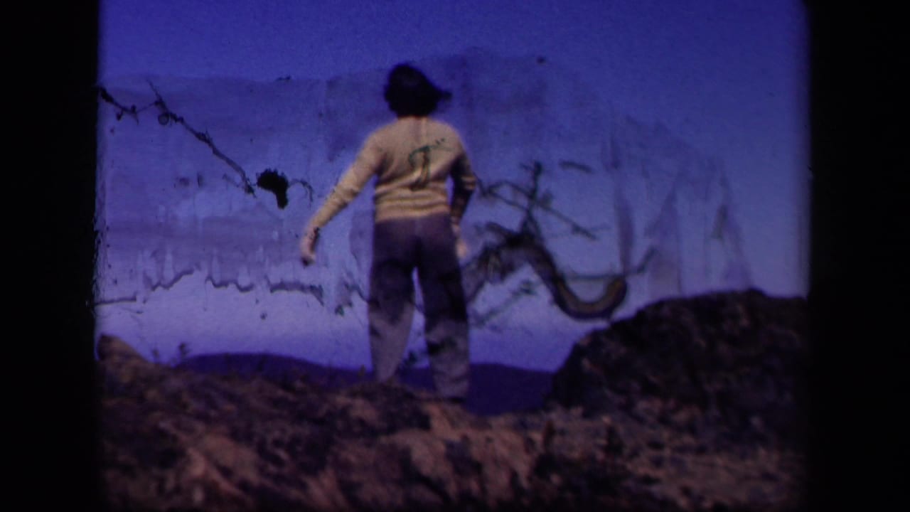 In 1943 Skyline Drive home-movie footage, a woman in a yellow sweater and white gloves stands with her back to the camera on rocks.