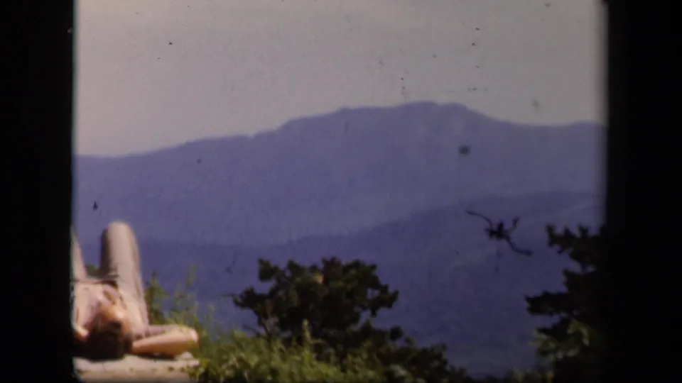 A Skyline Drive mountain view includes layered ridges, foreground trees, and a partly cropped person low in the frame.