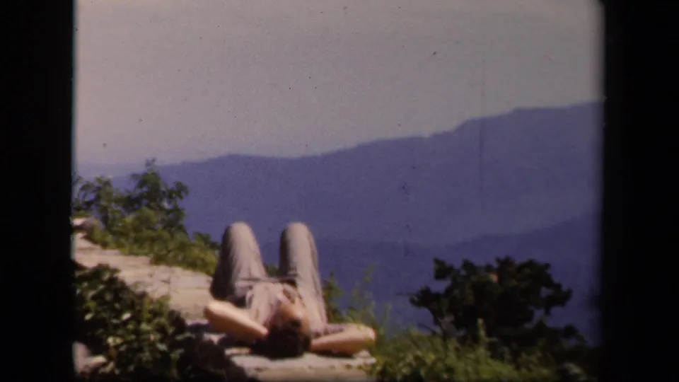 The person remains lying on the overlook wall, with plants in the foreground and hazy Virginia mountains beyond.