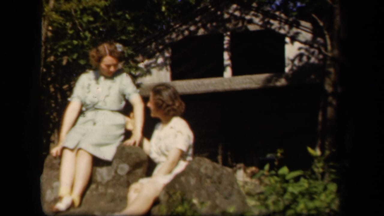 At Skyline Drive, Virginia, two women in 1940s summer dresses sit on rocks amid trees and shrubs.