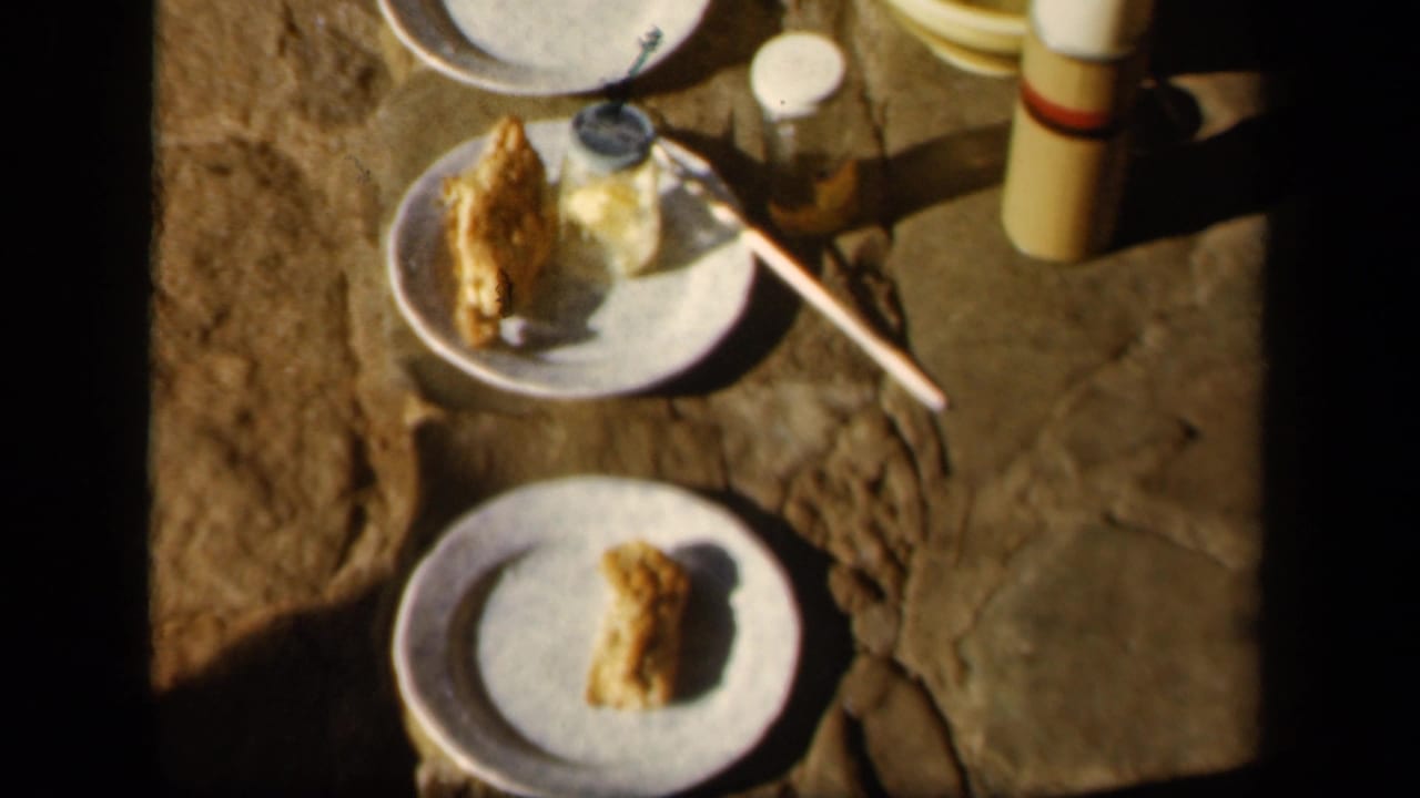 1943 Skyline Drive home-movie frame showing plates of rice and chicken on stone with a thermos, jar, and utensil nearby.