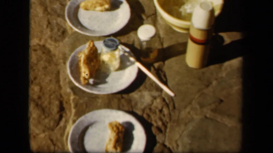 1943 Skyline Drive frame with white plates of food, a thermos, a small jar, a utensil, and a yellow bowl on rough stone.
