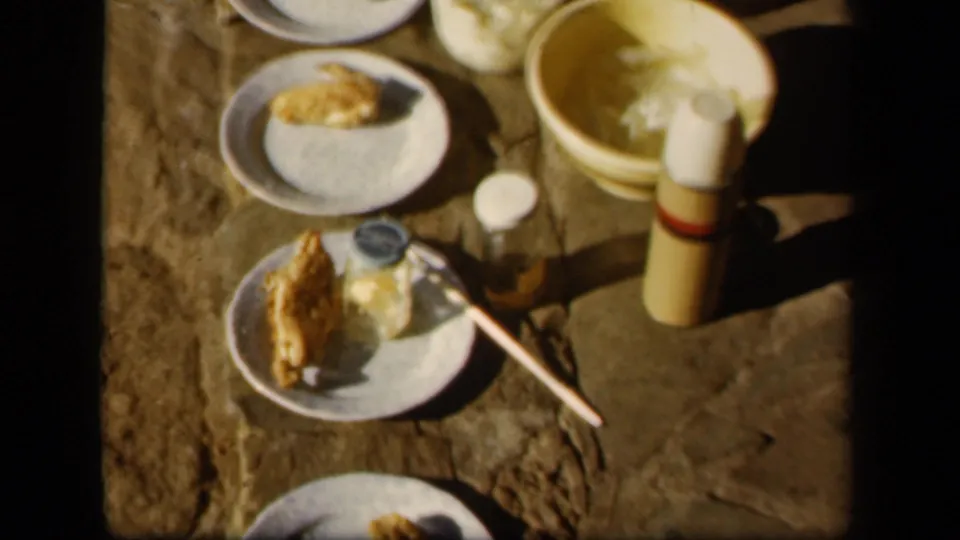 1943 Skyline Drive home-movie view of an outdoor meal, with plates of chicken and rice beside a yellow bowl and thermos.