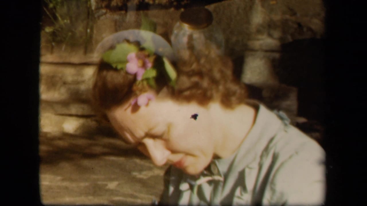 Adult woman with flowers in her hair looks down in concentration during 1943 Skyline Drive home-movie footage.