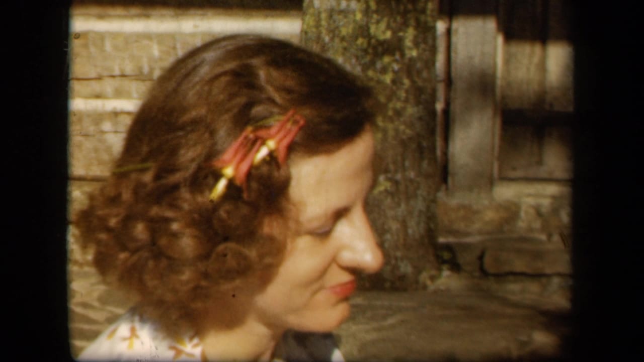 In 1943 Skyline Drive home-movie footage, a woman with red floral hair clips sits in profile against rustic stone and wood.