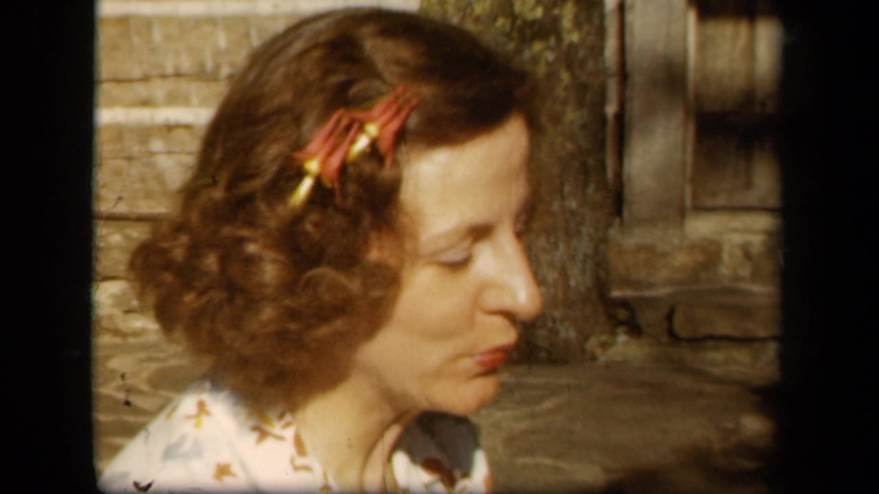 Woman with curled brown hair and a red hair clip looks downward in sunlight.