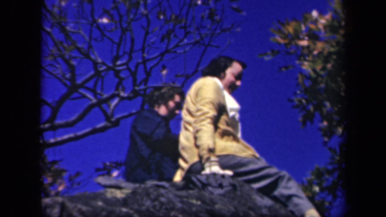 Two women sit on a rocky outcrop beneath bare branches and a deep blue sky.