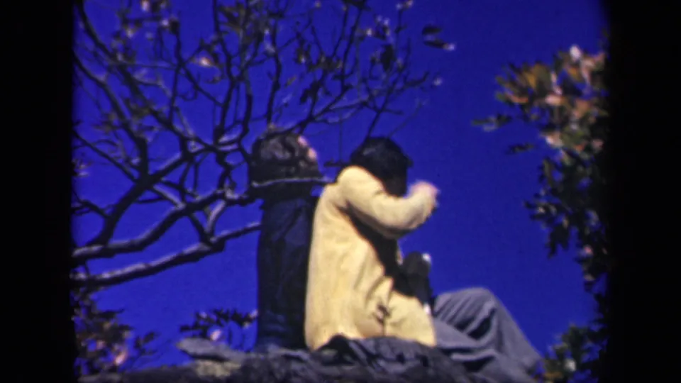 The two women sit on the rock with their backs partly turned, framed by branches and foliage in the 1943 Skyline Drive home movie.