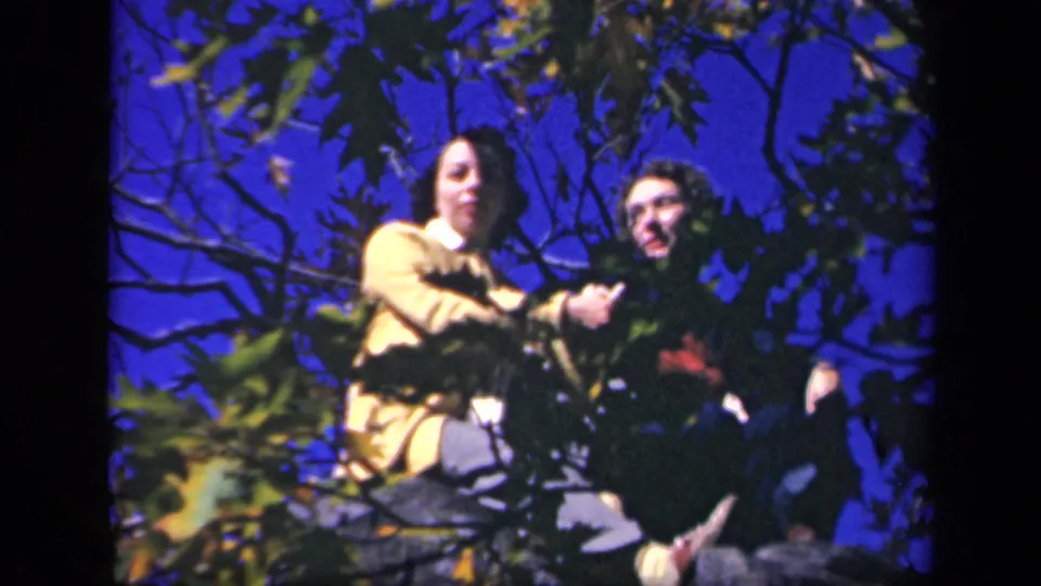 Two women at Skyline Drive sit among leaves and branches, with their faces turned toward the camera.
