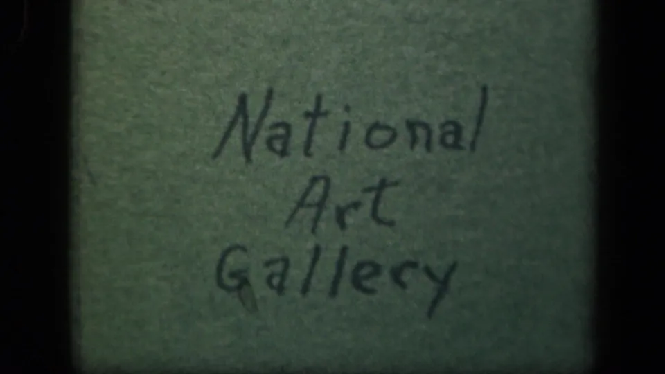 Handwritten 8mm title card reading National Art Gallery, introducing the Washington, DC landmark sequence.