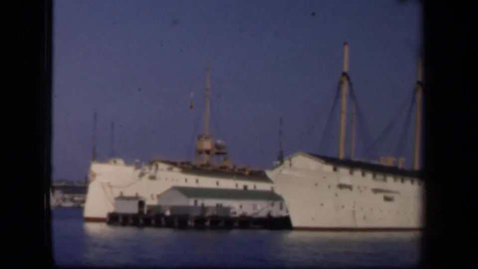 Final frame of the 1943 Washington, DC harbor shot, showing the white docked ship partly cropped by the 8mm contact-frame border.