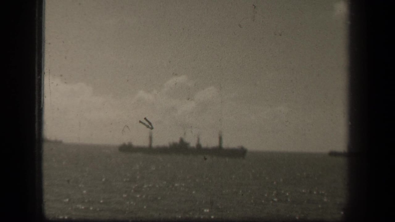 Distant ship on the horizon with open water and cloudy sky.
