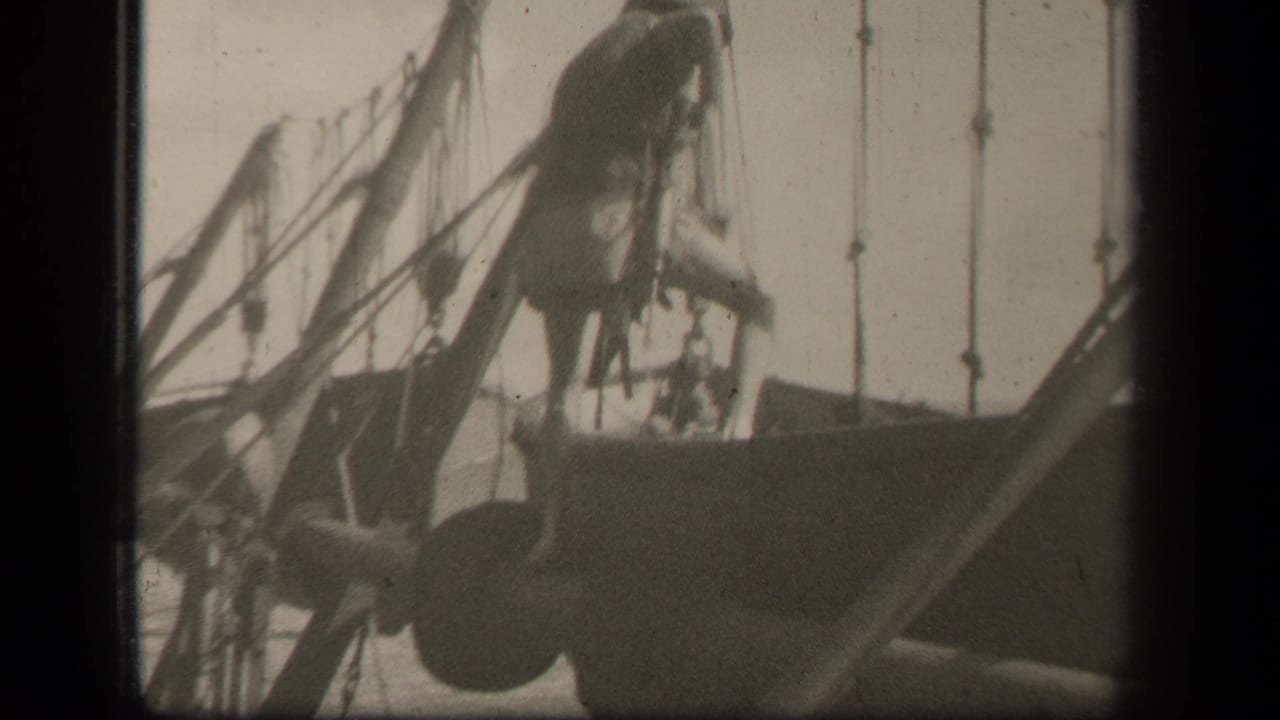 Man crouched among sailboat rigging and ropes near the deck.