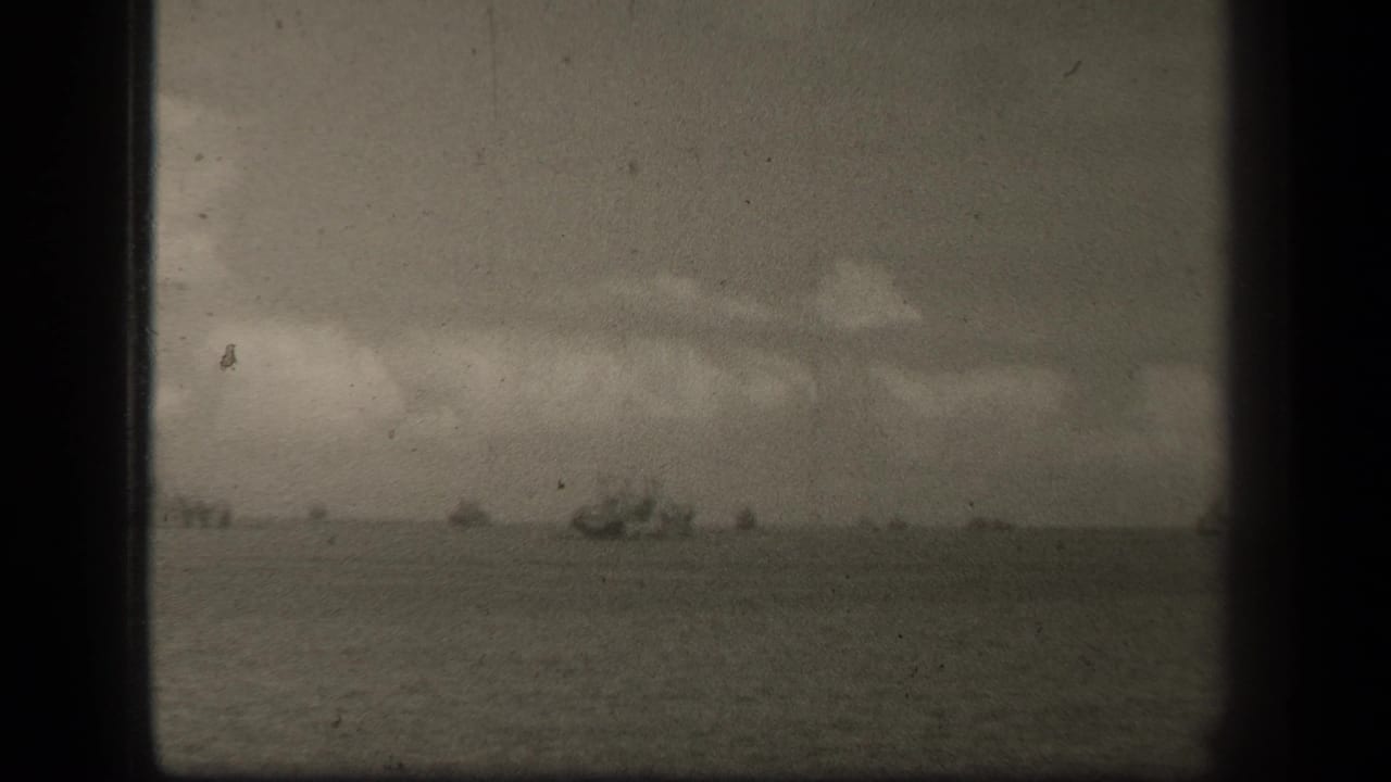 Wide water view with distant ships under a cloudy sky.