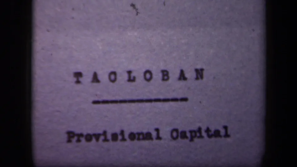 A typed title card reads Tacloban Provisional Capital, supporting the clip metadata for Leyte Gulf, Philippines.