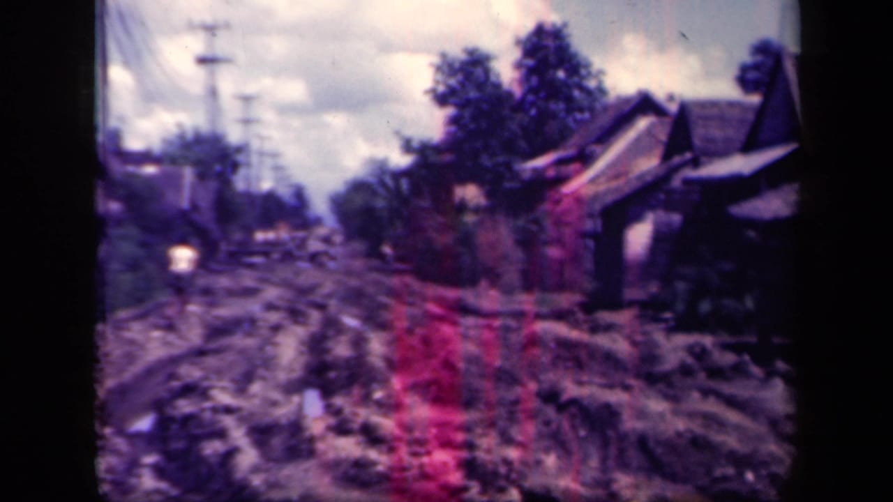 In Leyte Gulf, Philippines, a military truck moves along a muddy village road lined with thatched houses, poles, trees, and puddles.