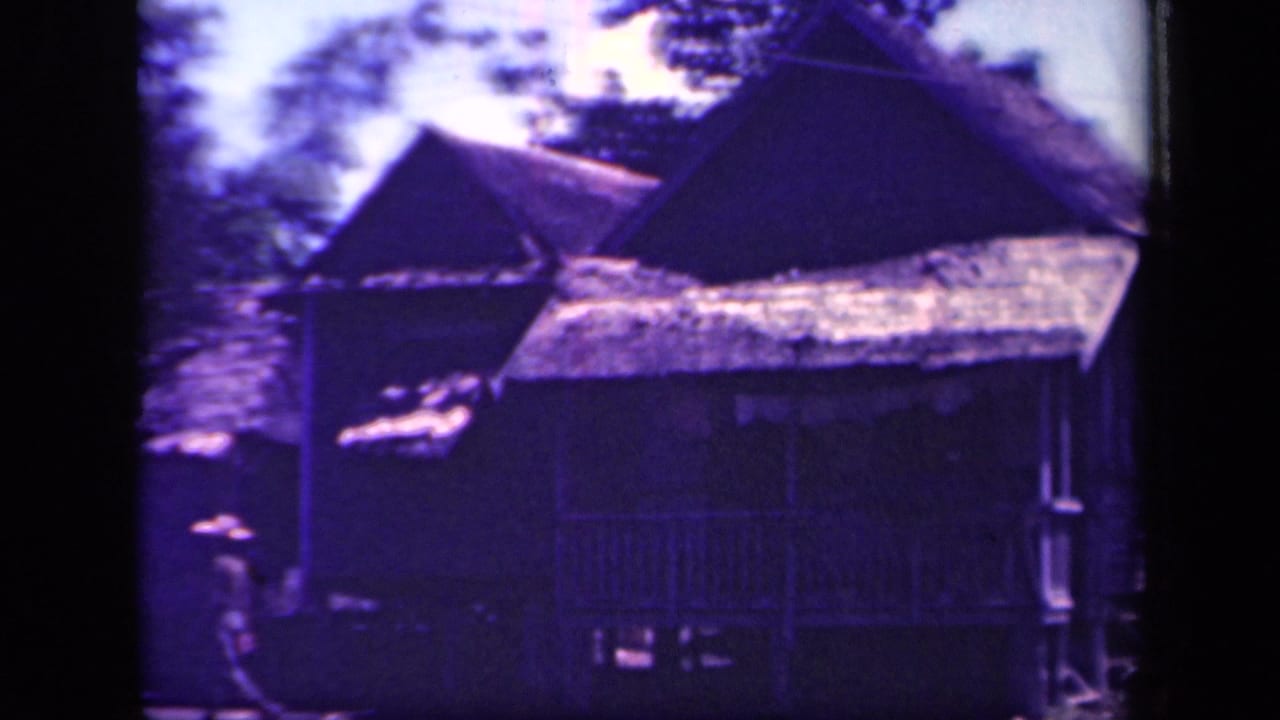 Thatched-roof houses partly shaded by trees, with a small person standing near the left foreground.