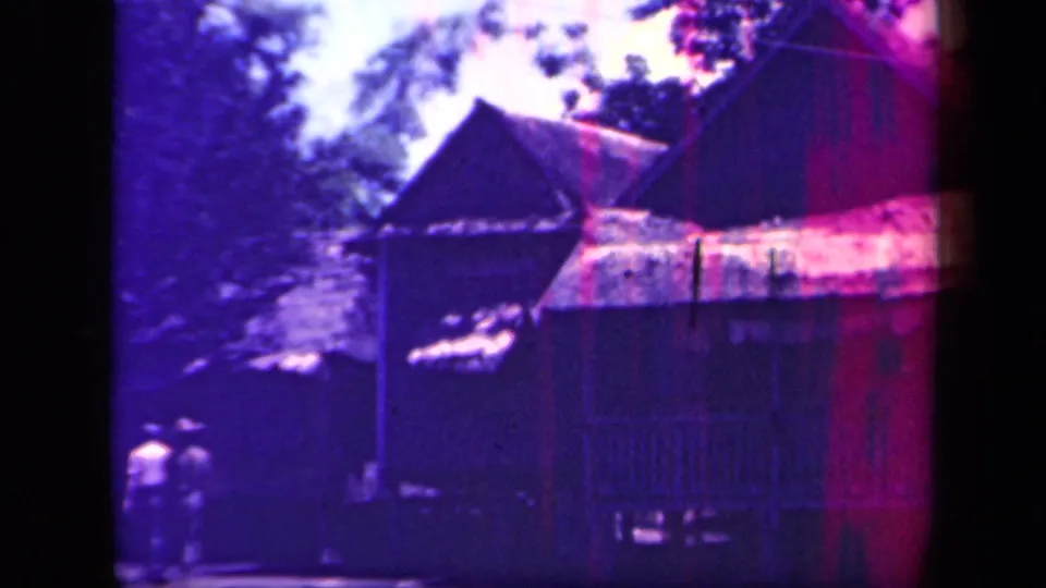 1944 Leyte Gulf home-movie frame showing a raised thatched dwelling, surrounding trees, and two distant people near the bottom left.