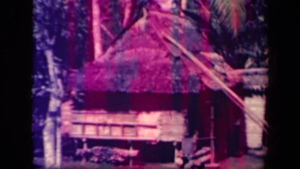 1944 Leyte Gulf home-movie frame with a thatched-roof dwelling, wooden wall sections, and tropical vegetation.