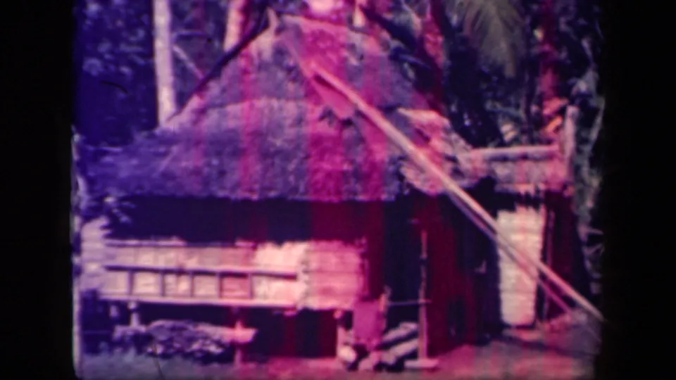 1944 Leyte Gulf frame showing the same thatched hut from a slightly wider angle, with tropical trees and aged color shift.