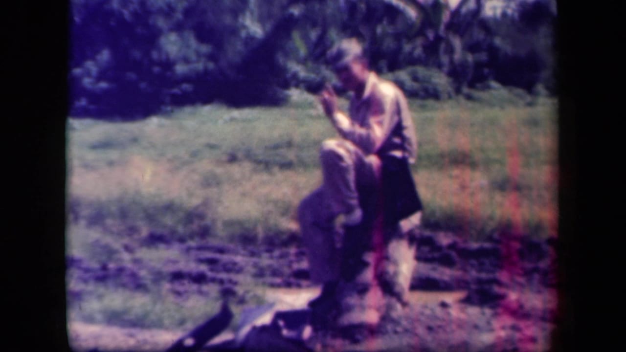 A uniformed soldier appears to smoke while seated on a log in a tropical Leyte Gulf field.