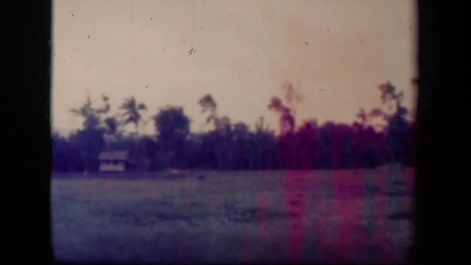 1944 Leyte Gulf home-movie frame with open grass, distant trees, a small structure, and red film streaking.