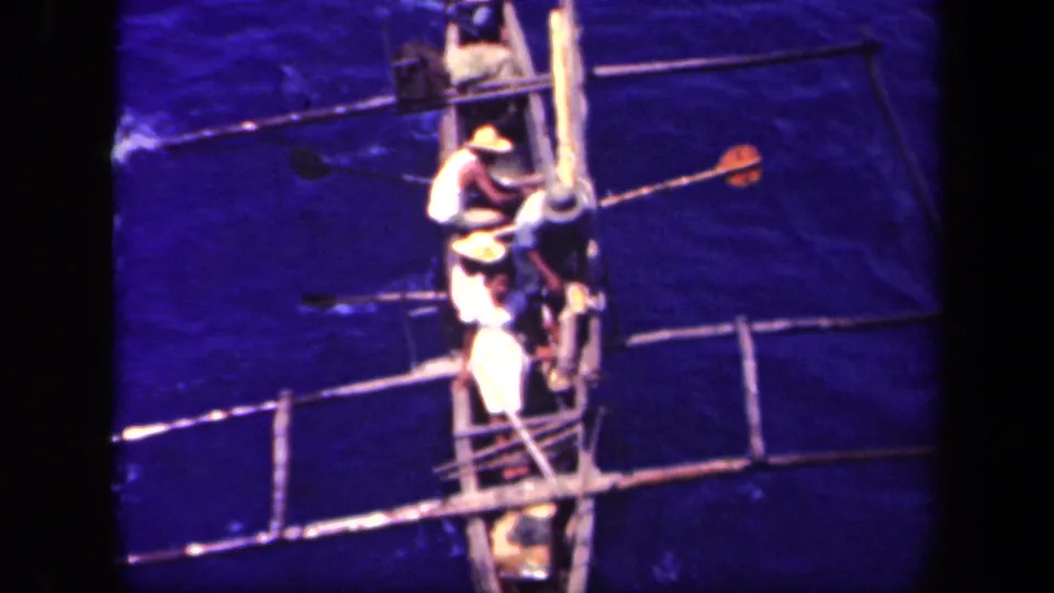The final frame shows men aboard the outrigger canoe in Leyte Gulf, with a long paddle and side float visible against the water.