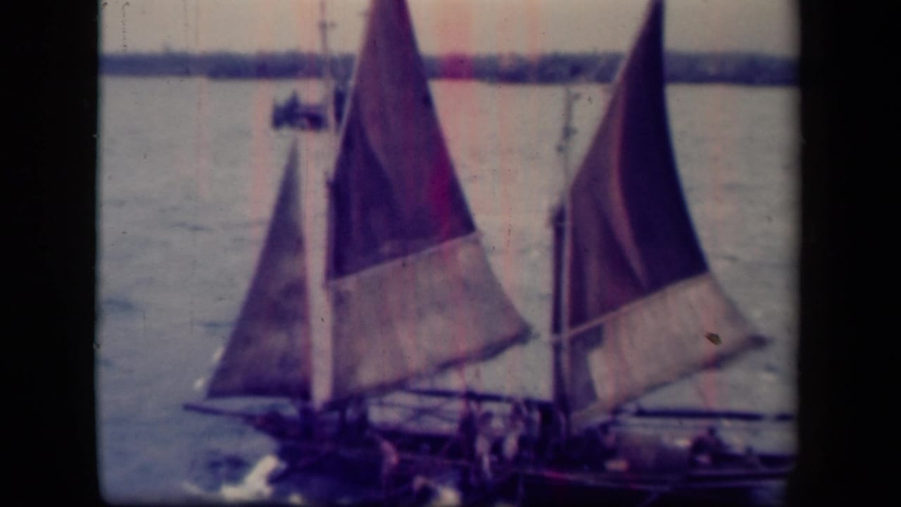 Traditional sailboats in Leyte Gulf pass in front of the camera, with a small motorboat and low shoreline visible behind them.
