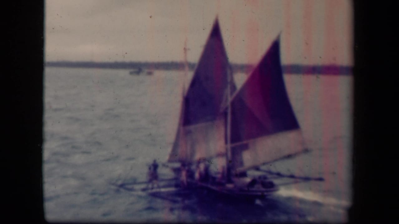 Sailing craft with two triangular sails seen closer on the water.