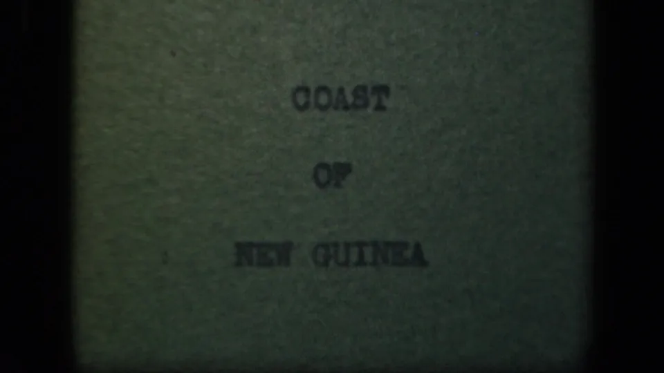 8mm title frame showing "COAST OF NEW GUINEA," with green cast, soft focus, and physical-film texture.