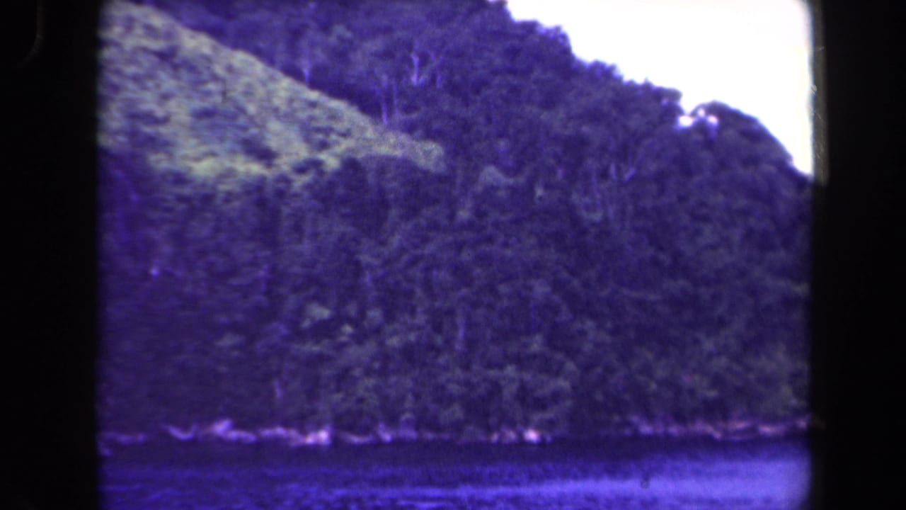 Forested mountain slope above a calm water body with bright sky and dark film edges.