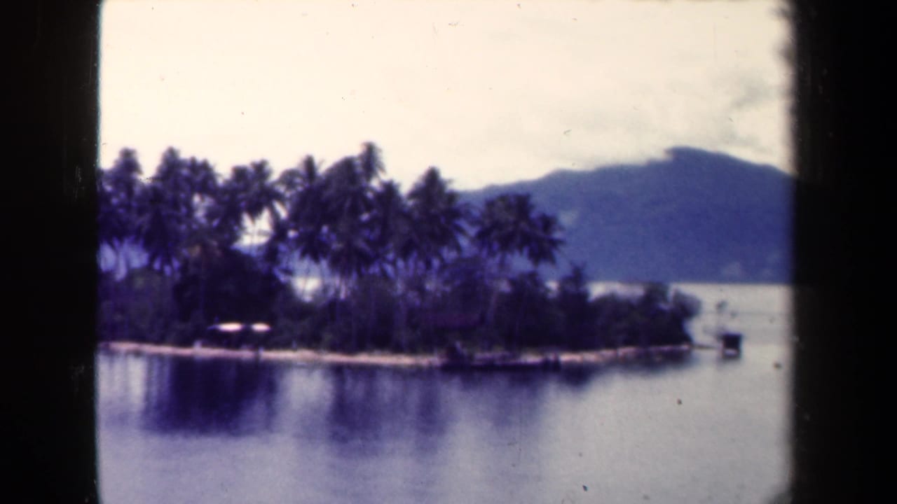 1944 8mm view in Papua New Guinea of a palm-lined island reflected in calm water with hazy mountains beyond.
