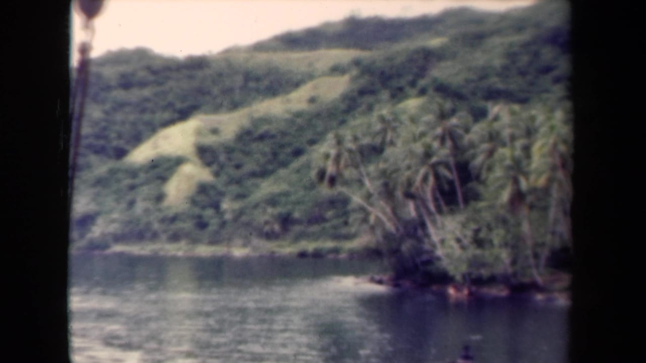 1944 Papua New Guinea footage frame with a palm-lined shore and rounded green hills across calm water.