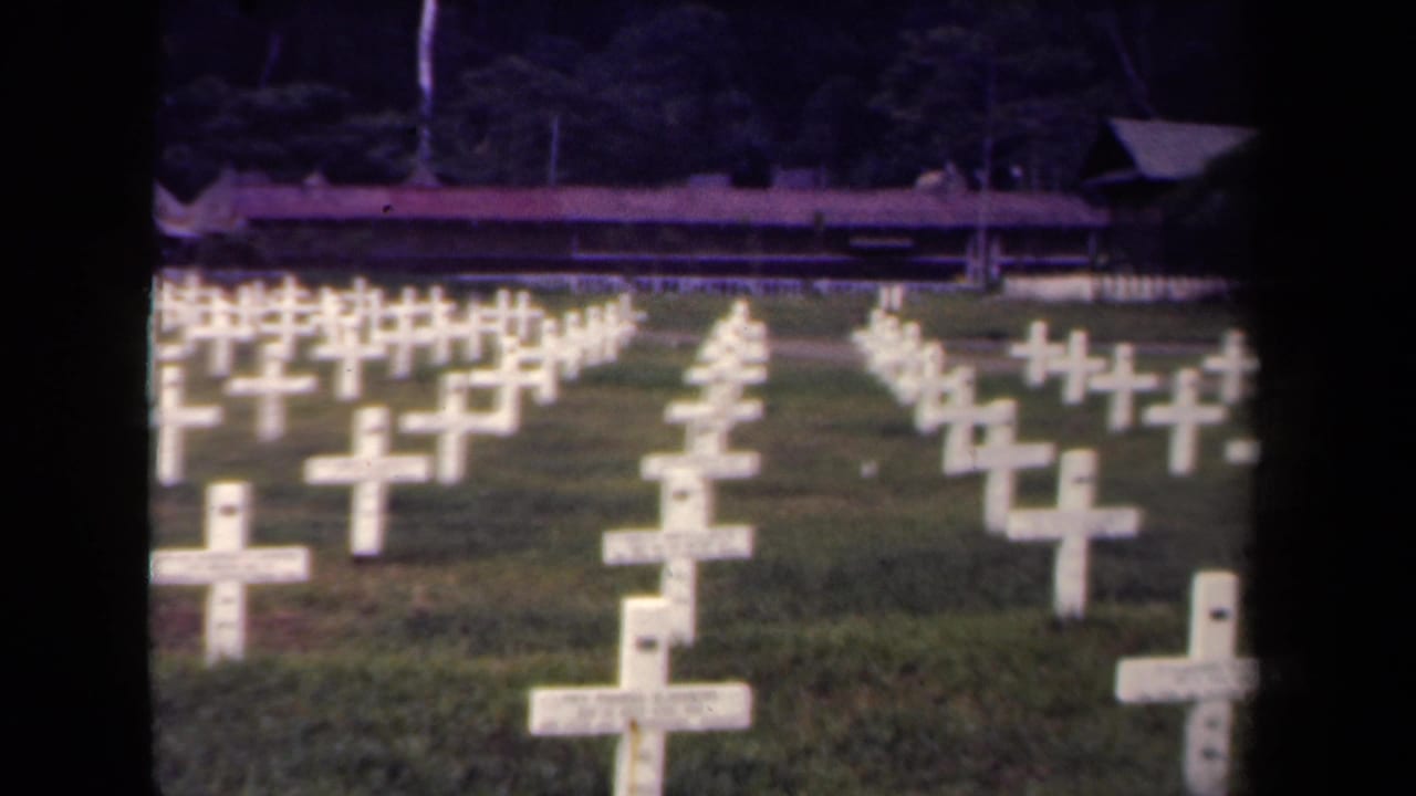 Rows of white crosses in a grassy cemetery with trees and a low structure behind them.