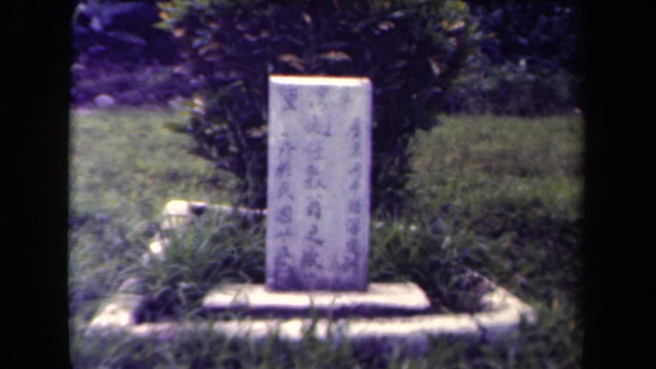 Memorial stone with faint vertical inscription standing in grass.