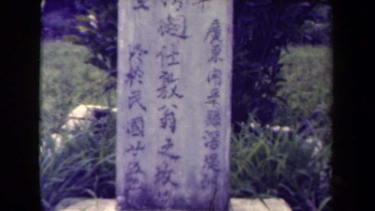 1944 Papua New Guinea 8mm frame showing a weathered stone marker with Chinese characters set amid grass and leafy vegetation.