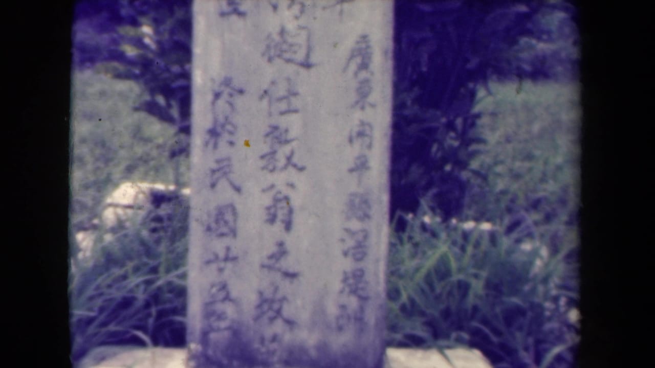 Carved stone marker with Chinese characters and soft foliage behind it.
