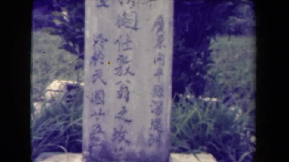 A soft 8mm view of a stone marker bearing Chinese characters, with grass and vegetation around it in Papua New Guinea metadata context.
