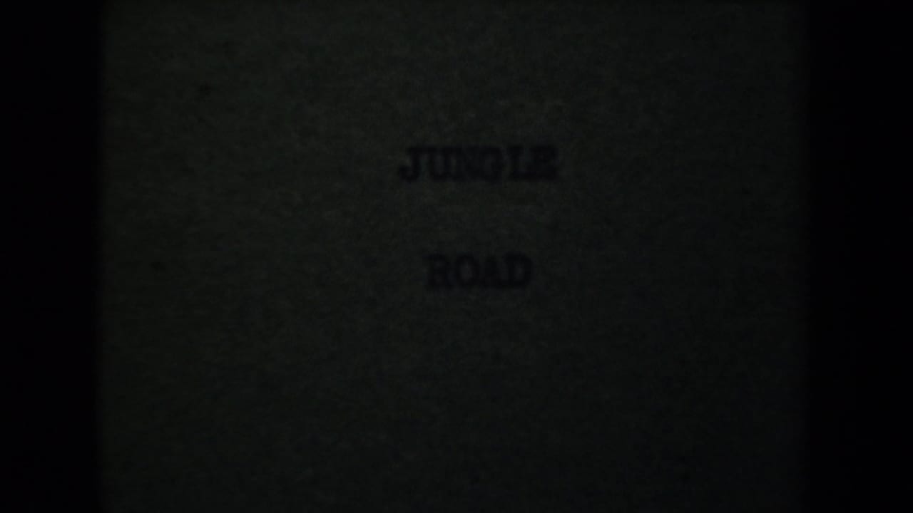 Dim 8mm title-card frame with the words JUNGLE ROAD faintly visible against a dark green background.