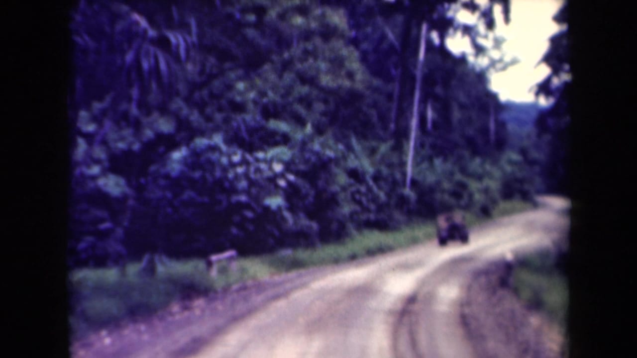 Small truck drives away along a narrow dirt road bordered by dense Papua New Guinea jungle foliage.