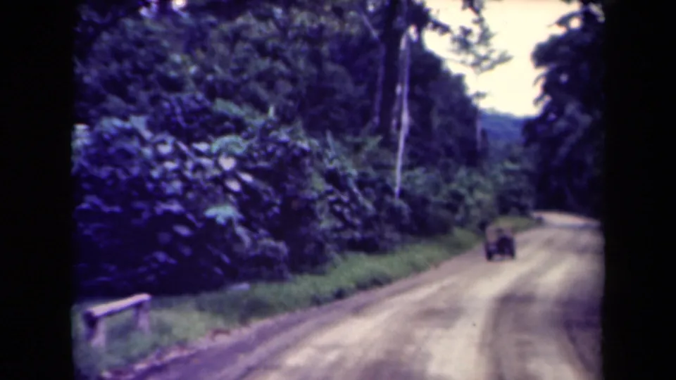 A small truck recedes on a rough Papua New Guinea jungle road, framed by trees, brush, and a bright opening in the sky.