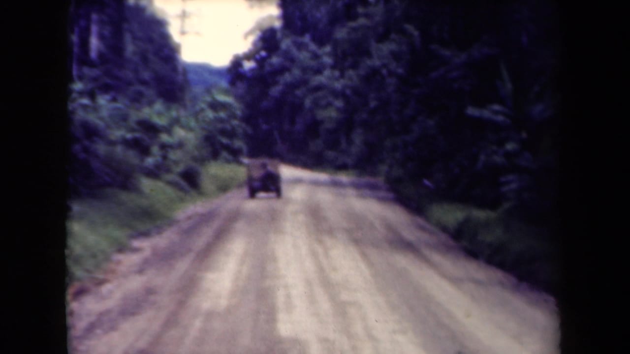 Dark automobile farther down a curving dirt road bordered by tropical vegetation.