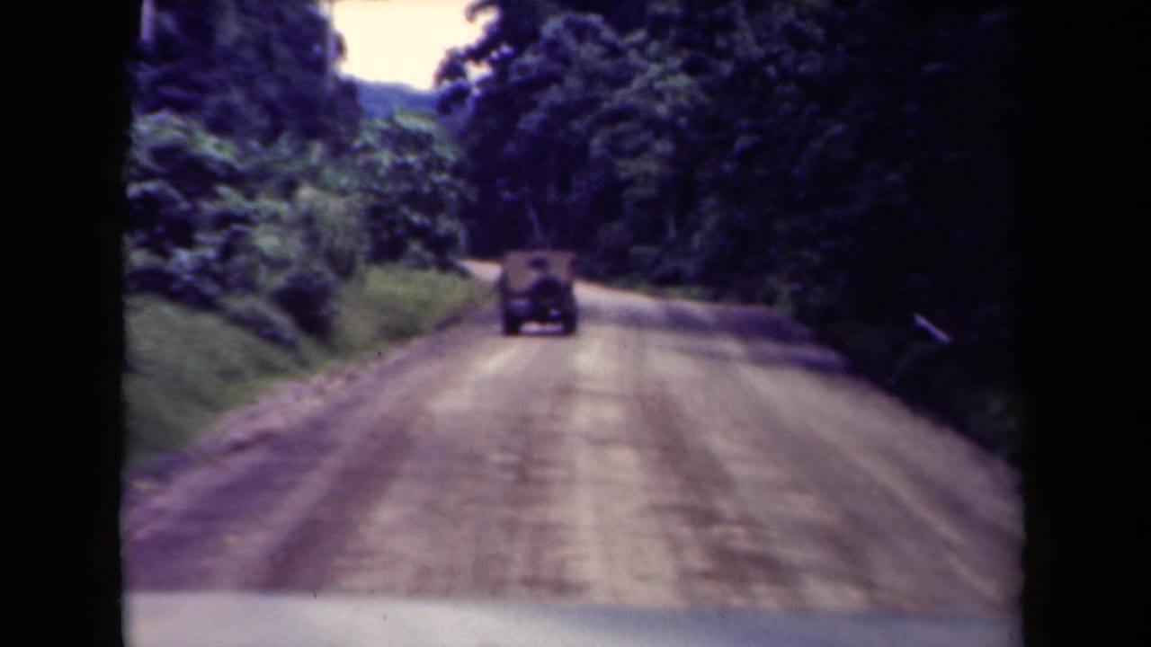 Jeep driving away on a dirt road bordered by dense tropical vegetation.