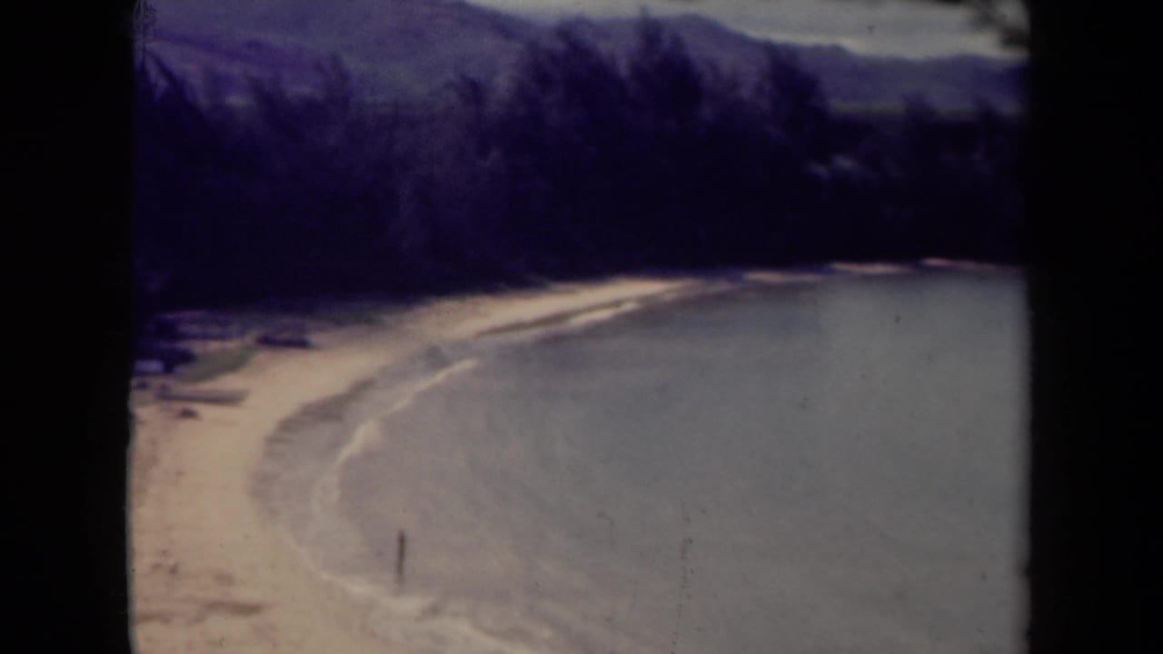 Beach and bay seen from a distance, with a small figure near the waterline.